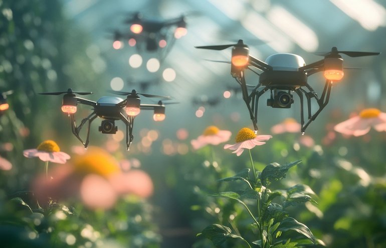 A drone swarm over a field of flowers.