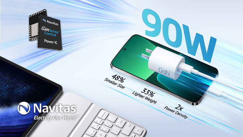 GaN-based 90 W charger combines primary and secondary control in compact form