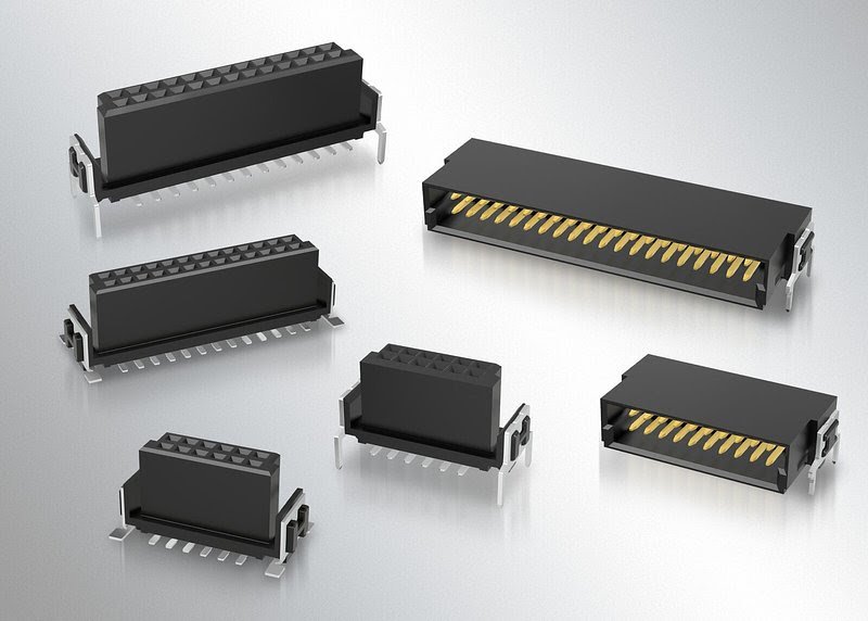 Through hole retention connectors feature 1.27 mm pitch in 6+6 to 40+40 pin layouts