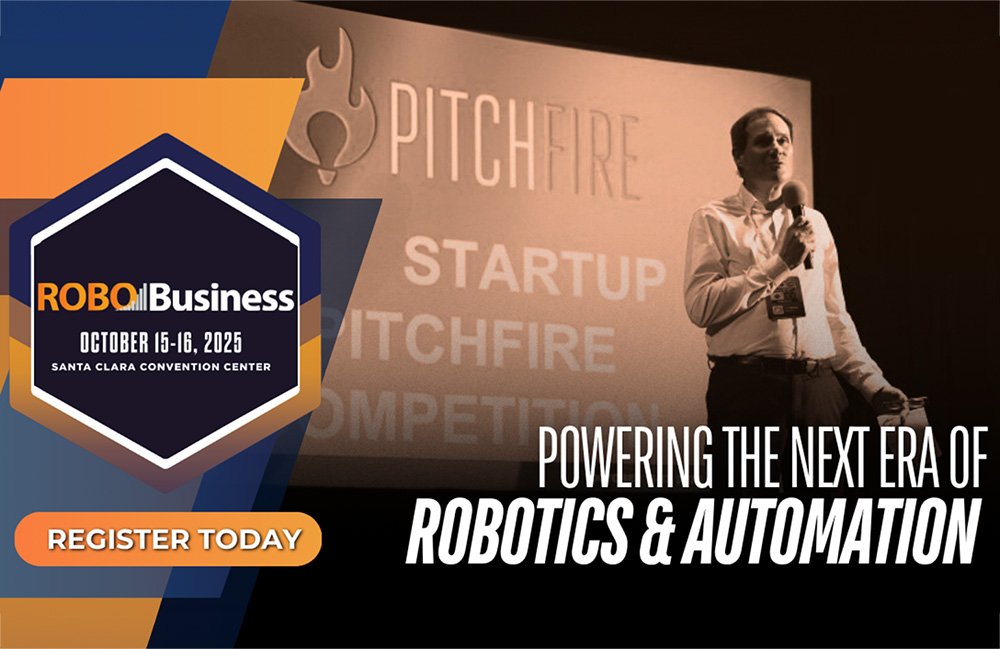 A promotional image for RoboBusiness that says," Powering the Next Era of Robotics and Automation." The Pitchfire startup competition is on Day 2 of the event.
