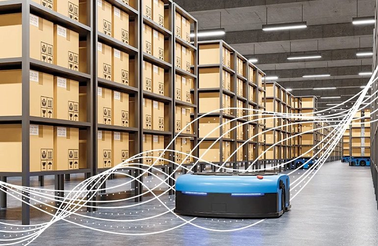 illustration of an AMR in a warehouse. Flex is integrating Teradyne Robotics systems with its own offerings.