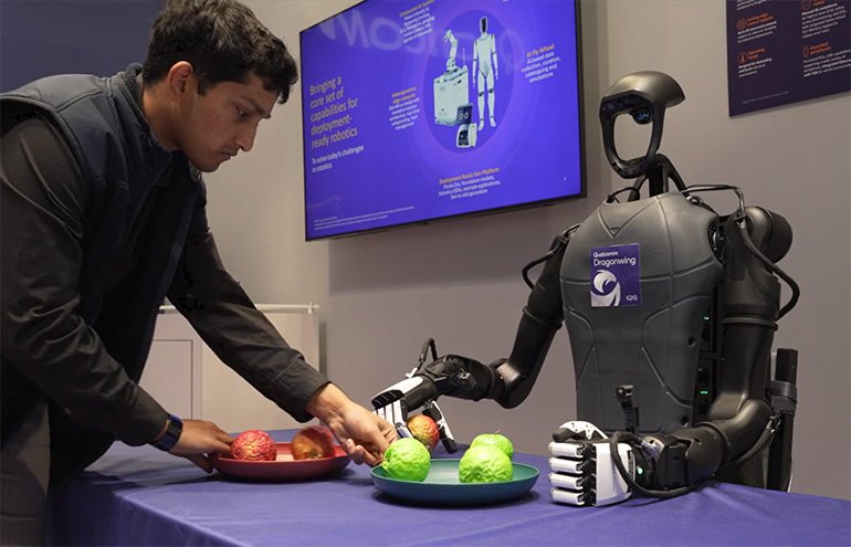 A humanoid robot demonstrates grasping using the Qualcomm Dragonwing IQ10 series platform.